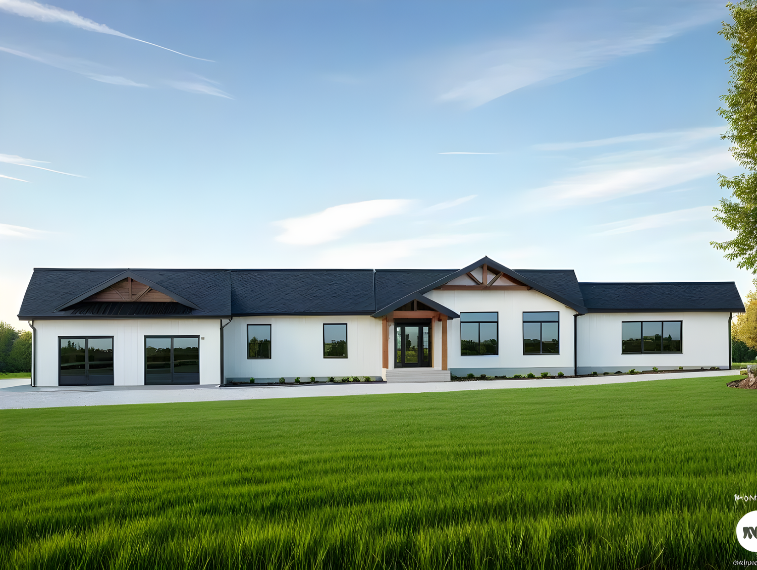 Modern single-story house with white exterior, black roof, large windows, and a covered front entrance, set on a green lawn under a clear blue sky.